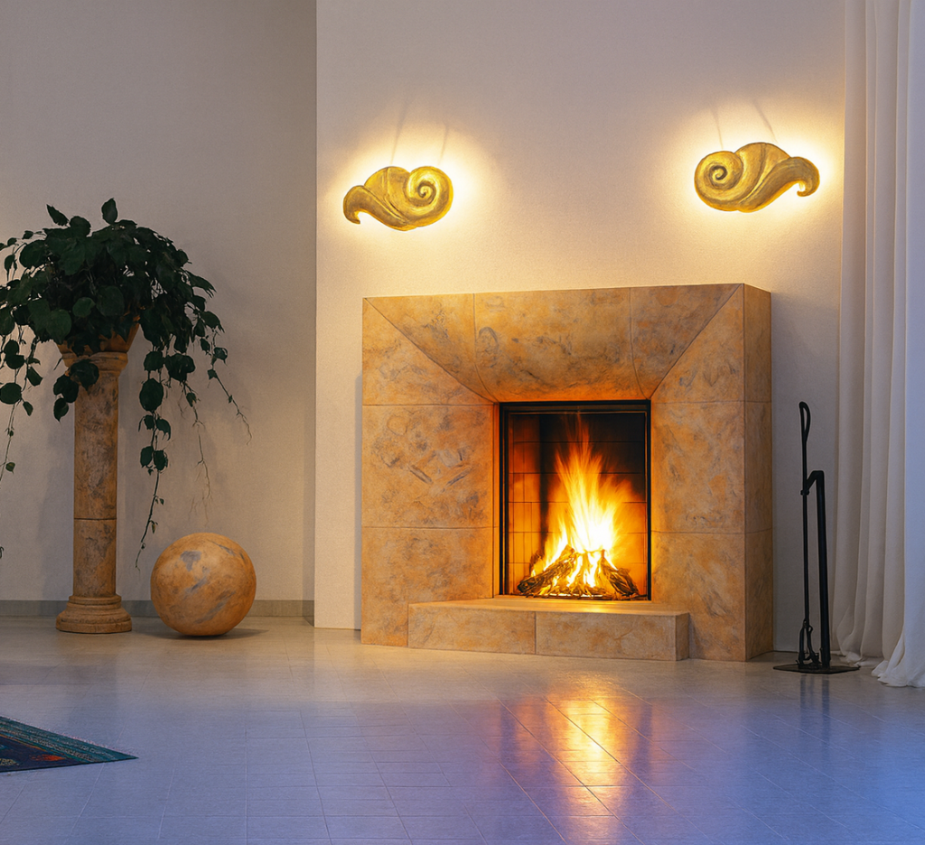 Ein modernes Wohnzimmer mit einem beleuchteten Steinkamin, einem roten skulpturalen Stuhl, einer großen grünen Pflanze auf einem Sockel, einer dekorativen Kugel, Wandkunst und warmer Beleuchtung auf neutralen Wänden. Ein modernes Wohnzimmer mit einem beleuchteten Steinkamin, einem roten skulpturalen Stuhl, einer großen grünen Pflanze auf einem Sockel, einer dekorativen Kugel, Wandkunst und warmer Beleuchtung auf neutralen Wänden.