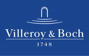 Logo von Villeroy & Boch auf blauem Hintergrund, mit einem weißen stilisierten Bogen über dem Markennamen in großen weißen Serifenbuchstaben, darunter steht "1748".