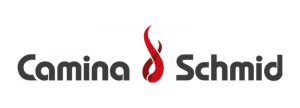 Das Logo zeigt den Schriftzug "Camina Schmid" in fetten, dunkelgrauen Buchstaben, mit einer stilisierten roten Flamme zwischen den beiden Wörtern.